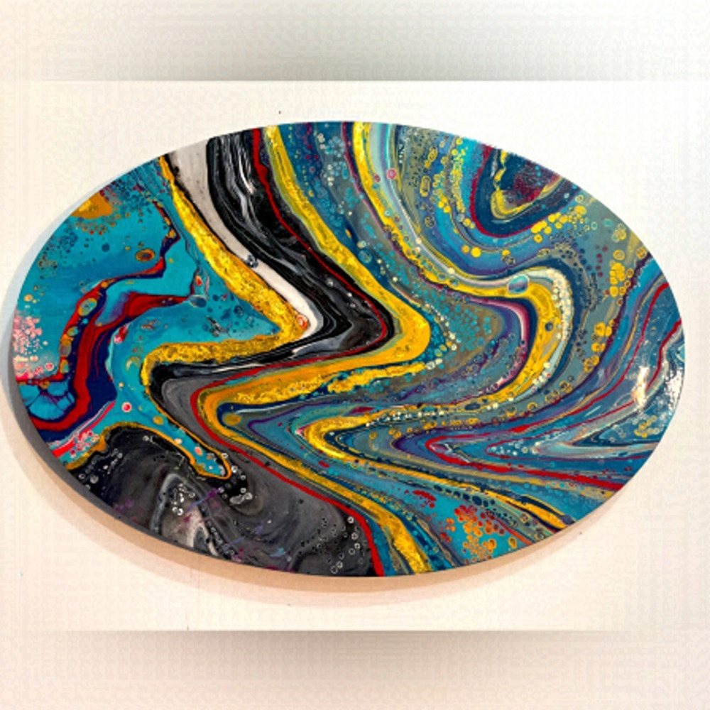 Original Acrylic Oval “Rivers of Gold” Painting Wall Art